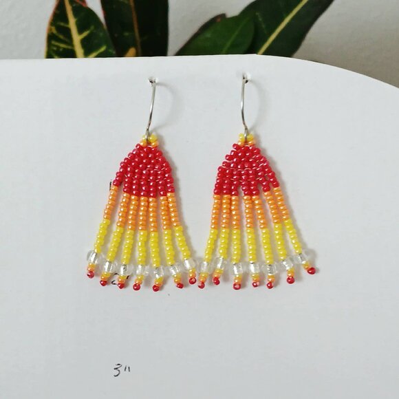 BOGO EARRINGS -Red Orange & Yellow Boho Beaded Fringe Dangle Earrings, 2" - Picture 6 of 6